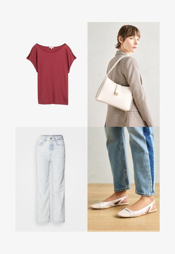 Sarkans, īsām piedurknēm tops ar plašu dekoltē. Izgatavots no mīksta, plūstoša auduma; raksturo brīvs piegriezums un gluda tekstūra.; Gaiši zili augsto vidukli džinsi ar taisnu pēdu piegriezumu, izgatavoti no denima. Iespējas ietver pogu aizdari, piecu kabatu dizainu un maigu izbalējuma tekstūru.; Bālti rozā siksniņu dzīvokļi ar smailu purngalu, izgatavoti no gludas ādas līdzīgās materiāla. Iezīmē izgriezumu detaļas sānos un platu papēdi.; Balta ādas rokassoma ar strukturētu dizainu, kurai ir magnētiska aizdare un plecu josta, parādīta uz neitrāla fona.