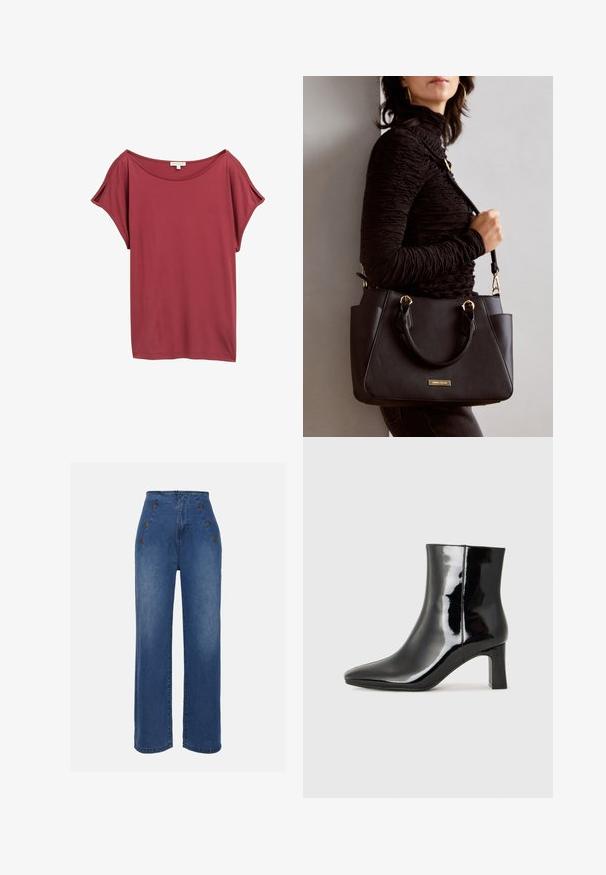 Raudona trumpa rankovėmis palaidinė su plačiu iškirpimu. Pagaminta iš švelnios, krentančios medžiagos; turi laisvą kirpimą ir sklandžią tekstūrą.; Aukštos liemens džinsai, vidutinio mėlynumo. Yra priekiniai mygtukų akcentai ir plati kojų forma. Audinys turi lygią tekstūrą su lengvu apdailos nusidėvėjimu.; Juodos lakuotos odinės aulinukės su smailiu pirštu ir vidutinio aukščio blokuotu kulnu. Lygus paviršius ir minimalistinis dizainas.; Juodas rankinės maišelis su struktūrizuota paviršiumi, dvigubais viršutiniais rankenėlėmis ir reguliuojamu peties diržu. Įrengtas aukso spalvos furnitūra ir šoninės kišenės.