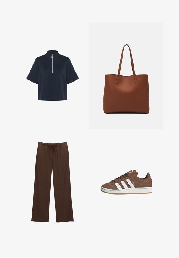 Kaffe KASIF  - T-paita - midnight marine; Ruske leve široke hlače izdelane iz mehkega materiala, z elastičnim pasom in vrvico ter dvema stranskima žepoma.; Valkoiset nahkareunat ja ruskeat samettikankaiset tennarit, joissa on kumipohja, pyöreä kärki ja nauhakiinnitys edessä. Kengissä on logo kielekkeessä ja rei'itettyjä yksityiskohtia.; Ruskea nahkainen olkalaukku, jossa on sileä pinta, avoin yläosa ja kaksi olkahihnaa. Omaavat vain minimaalisen ompelun eikä näkyvää metalliosaa.