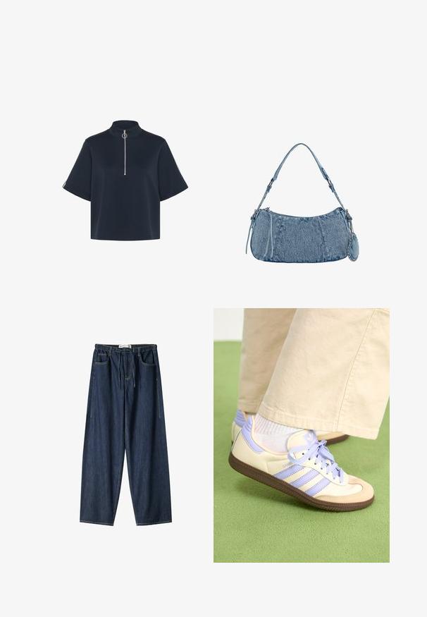 Kaffe KASIF - Osnovna majica kratkih rukava - midnight marine; Tamno plave traperice širokih nogavica. Imaju elastični pojas, vezicu i prednje džepove. Glatka tekstura s vidljivim šavovima.; Kremasto-ljubičaste tenisice s tri pruge i strukturiranim smeškim potplatom, s vezicama i podstavljenim petom. Mekana gornja tkanina.; Denimska torba s zakrivljenim oblikom, svijetloplave boje, podesivim remenom za rame i malim odvojivim džepom s metalnim akcentima.