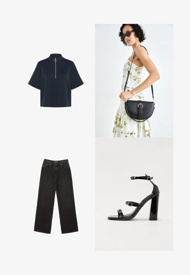 Kaffe KASIF - T-shirt - bas - midnight marine; Svart vida jeans i denim, med små prickiga mönster, klassisk femfickorsdesign och stängning med knäppning och dragkedja.; Svarta lackerade högklackade sandaler med två spännband, fyrkantig tå och en tjock klack, med en slät och glansig yta.; Svart läderhandväska med en böjd form, avtagbar rem och guldiga detaljer. Väskan har ett lock med en spänndetalj.