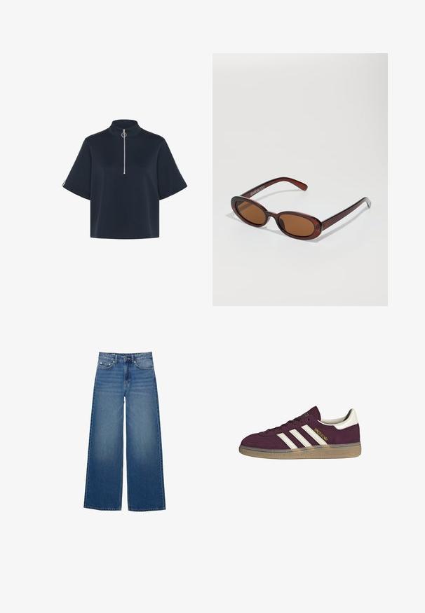 Kaffe - T-shirt basic; Szerokie niebieskie dżinsy wykonane z denimu, z wysokim stanem, przeszyciami i prostym krojem z delikatnym efektem przetarcia.; Bordowe zamszowe trampki z białymi trzema paskami i beżowymi akcentami. Mają teksturowaną gumową podeszwę i złote oznaczenia po boku.; Okrągłe, brązowe okulary przeciwsłoneczne z błyszczącą bordową oprawą. Cienkie ramiona z subtelnym detalem marki. Płaski kształt soczewek.; Brązowa torebka skórzana pleciona o luźnym, trójkątnym kształcie. Posiada pleciony uchwyt i zamek błyskawiczny na górze.