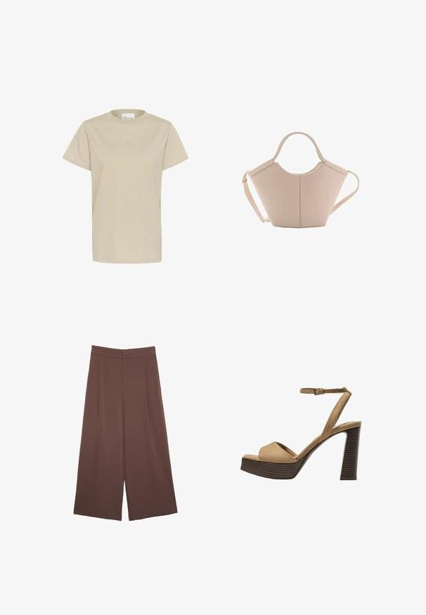 Svijetlosmeđi kratki rukav majica napravljena od mekanog materijala, s okruglom izrezom i suptilnim utisnutim logotipom na prsima.; Rjave široke hlače z gladko teksturo, ki imajo visok pas in sprednje naborke. Tkanina je lahka in prosto pada.; Bež semiš sandali na visoki peti z širokim sprednjim trakom in trakom okoli gležnja, opremljeni z debelim lesenim blokom peto z teksturirano površino.; Bežna usnjena torbica edinstvene oblike, z dvema kratkima ročajema in dolgim nastavljivim trakom. Gladka tekstura z minimalno kovinsko opremo.