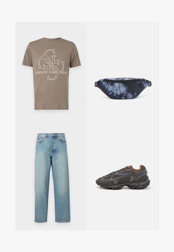 Pruun puuvillane T-särk, mille esiosas on valge graafiline disain, kus on omavahel põimunud tähed ja tekst "GUESS?, INC. CLASSIC DESIGN".; Heledad sinised teksad, mis on laia lõikega, sirged jalad, viie tasku disain ja nupuga kinnitamine vööl. Minimalistlik õmbluse detail.; Tumed hallid Lacoste tossud, mis on valmistatud võrkkangast ja sünteetilisest materjalist, omavad tekstureeritud talla ning pruune aktsente kaeluse ja brändingu juures.; Tumed sinine tie-dye mustriga vöökauss, millel on lukuga ülaosa, tekstureeritud materjal ja silmapaistev logo detail esiküljel.