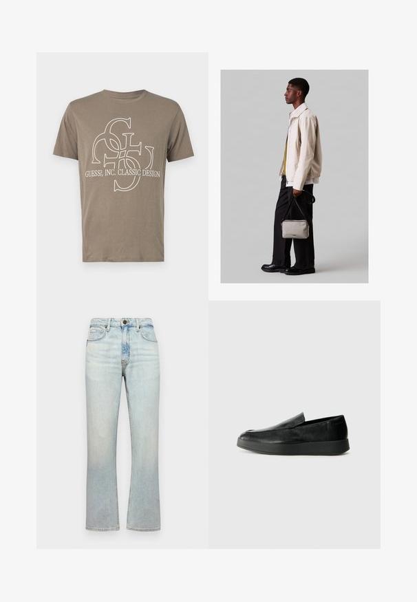 Brown cotton t-shirt featuring a white graphic design with interlocking letters and "GUESS?, INC. CLASSIC DESIGN" text at the front.; Light blue denim jeans with a high waist, straight leg cut, and subtle fading. Features five pockets and metal button closure.; Calvin Klein HYBRID CUP - Slip-ons - triple black; Light beige jacket with elastic hem, paired with a green shirt and black trousers. Carrying a small gray crossbody bag. Black shoes.