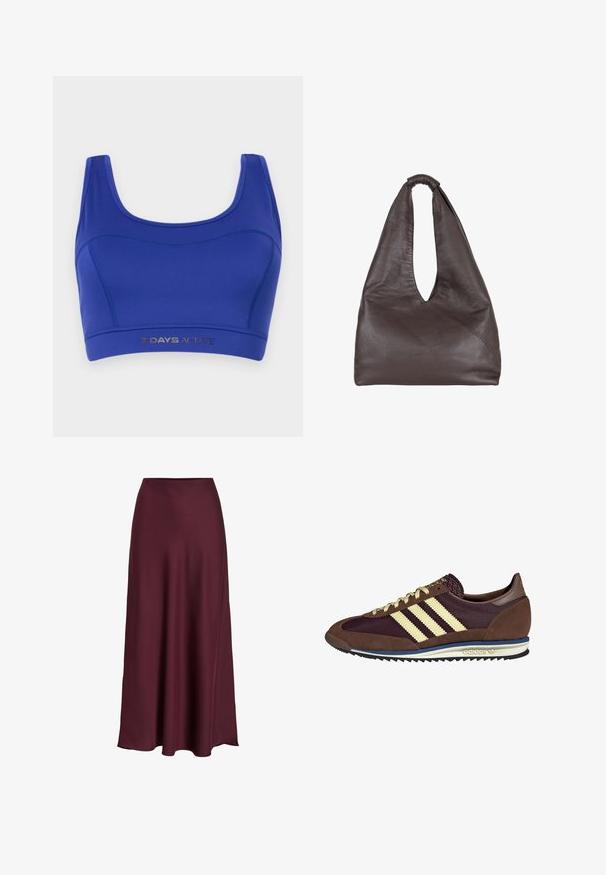 Sinine aktiivne rinnahoidja, mis on valmistatud venivast kangast. Omab ümmargust kaelust, laiu rihmasid ja madalamat elastset vööndit, millel on hõbedaste tähtedega trükitud "7 DAYS ACTIVE".; Burgundi satäänist maxi seelik, mis on sileda tekstuuriga, kõrge vöökoht ja voolav siluett, mis laieneb õrnalt allääre suunas.; Pruun ja burgundi värvi tennised, mis on valmistatud karvase ja võrkmaterjaliga, sisaldavad kolme kreemjat triipu, tekstuurset kangast keelt ja kummist talla.; PRUUNIST nahk-kott, millel on lõtv ja üle suuruse disain. Varustatud silmadega käepideme ja sügava V-lõikega avamisega lihtsaks ligipääsuks. Pehme tekstuur, minimalistlik stiil.