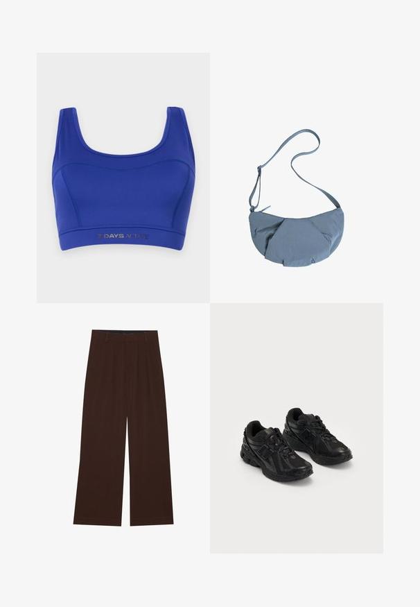 Blauer Sport-BH aus elastischem Material. Mit Rundhalsausschnitt, breiten Trägern und einem niedrigen Elastikbund mit silberner "7 DAYS ACTIVE"-Aufschrift.; Braune weite Hosen mit Falten. Aus einem glatten Stoff gefertigt, mit einem taillierten Bund und seitlichen Taschen. Flacher Saum am Boden.; Schwarze Sportschuhe aus Mesh- und synthetischen Materialien. Sie verfügen über eine gepolsterte Sohle, strukturierte Muster und geprägte Markenzeichen an der Seite.; Grau, runder Stoff-Crossbody-Beutel mit einem gerafften Vorderdesign und einem dünnen, verstellbaren Gurt. Reißverschluss oben.