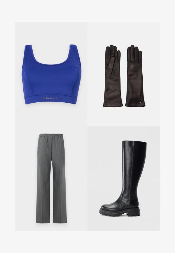 Soutien-gorge de sport bleu en tissu extensible. Il présente un col en scoop, des bretelles larges et une bande élastique inférieure avec "7 DAYS ACTIVE" imprimé en argent.; Pantalons gris à jambes larges avec une taille élastique, fabriqués dans un tissu texturé présentant un motif de tissage subtil.; Bottes noires montantes en cuir lisse, avec un bout arrondi et une semelle épaisse en caoutchouc dotée de motifs de grip pour une meilleure adhérence.; Weekend Max Mara SENAPE - Gants - nero