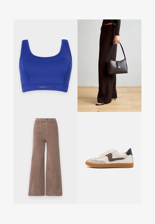 Blauwe sportbh gemaakt van rekbaar materiaal. Heeft een ronde halslijn, brede banden en een lagere elastische band met "7 DAYS ACTIVE" in zilver gedrukt.; Bruine corduroy broek met wijde pijpen en hoge taille, met knoopsluiting, twee achterzakken en verticale ribbeltextuur.; Sneakers met een crème leren bovenwerk, donkere bruin suède accenten, beige veters en een gumrubberen zool; klassiek laagprofiel ontwerp.; Zwarte handtas met gestructureerde vorm, gladde textuur en een metalen sluiting. Gecombineerd met brede zwarte broeken en sandalen met open teen op een houten vloer.