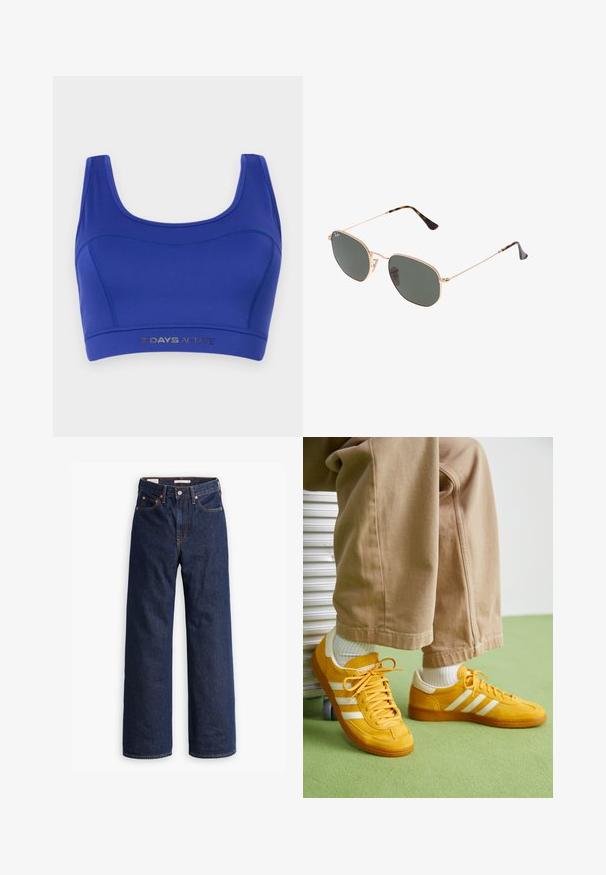 Top sportivo blu realizzato in tessuto elasticizzato. Presenta un collo a scoop, spalline larghe e un elastico inferiore con la scritta "7 DAYS ACTIVE" stampata in argento.; Jeans in denim blu scuro a gamba dritta con cinque tasche, cuciture arancioni e chiusura con bottoni.; Sneaker in suede giallo con strisce bianche, dotate di suola in gomma, lacci in tessuto e collare imbottito, abbinate a pantaloni in cotone beige.; Occhiali da sole con montatura in metallo dorato e lenti verde scuro, stile aviator, con aste sottili e dettagli in tartaruga sulle punte.