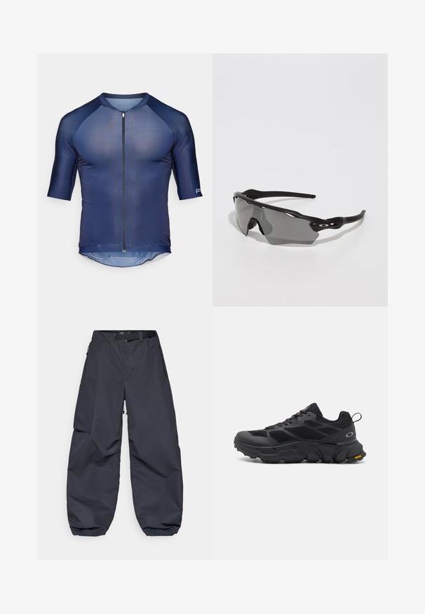 Navy kortermet sykkeltrøye med glidelås foran, laget av lett stoff. Har raglanermer og en buet søm bak.; Mørkegrå cargo bukser laget av et mykt, slitesterkt materiale. De har en bred, løs passform, flere lommer og et belte i midjen for justering.; Svarte sportssko med en kraftig såle, mesh- og syntetisk overdel, teksturerte detaljer og Vibram-merket på sålen.; Sorte sports solbriller med et elegant design, omsluttende linse, grå tonet linse og teksturerte svarte stangarmene. Ingen synlige logoer.