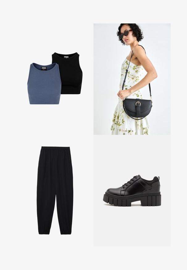 Dvé žebrované krátké topy v modré a černé barvě, s kulatým výstřihem a přiléhavým střihem, vyrobené z elastického materiálu pro pohodlné nošení.; Černé, lehké kalhoty s elastickým pasem a nařasenými kotníky. Tkanina je hladká a má uvolněný, zúžený design.; Černé kožené platformové boty s masivním blokovým podpatkem, kulatou špičkou a tradičním šněrováním. Mají hladký povrch a minimální detaily.; Černá kožená kabelka s křivkovým tvarem, odnímatelným popruhem a zlatými detaily. Kabelka má klopu s přezkou.