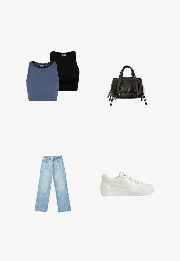 Dwa prążkowane topy w kolorze niebieskim i czarnym, z okrągłymi dekoltami i dopasowanym krojem, wykonane z rozciągliwego materiału dla wygodnego dopasowania.; Jasnoniebieskie jeansy z szerokimi nogawkami i wysokim stanem, z lekko wybledzonym wykończeniem i drobnymi, rozproszonymi przetarciami.; Białe skórzane trampki o gładkiej fakturze, z wyściełanym kostkiem i perforowanym noskiem. Posiadają lekko podwyższoną gumową podeszwę i sznurowany fason.; Czarna skórzana torebka z plecionymi uchwytami, kieszenią na zamek i zawieszkami. Teksturowana powierzchnia z metalowymi ćwiekami i akcentami ze stali.