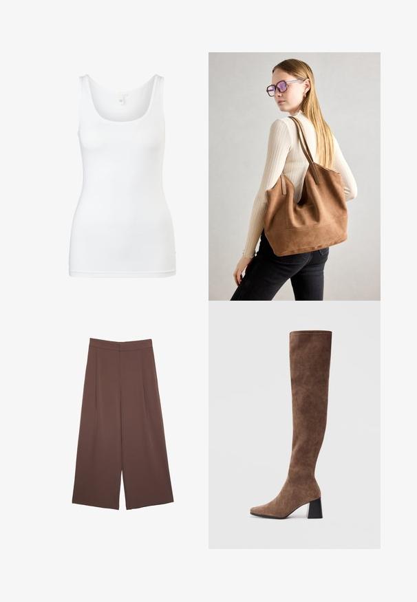 Canotta bianca realizzata in un tessuto liscio ed elastico. Presenta un collo rotondo e nessun decorazione. Design classico senza maniche.; Pantaloni ampi marroni con una texture liscia, caratterizzati da una vita alta e pieghe frontali. Il tessuto è leggero e scorre liberamente.; Stivali marroni sopra il ginocchio in morbido camoscio, con punta affusolata e tacco grosso nero. Il design presenta cuciture senza soluzione di continuità per un aspetto elegante.; Borsa a tracolla in suede marrone con texture morbida, ampia apertura e lunghe cinghie. Caratterizzata da un design semplice con cuciture visibili e senza accessori.