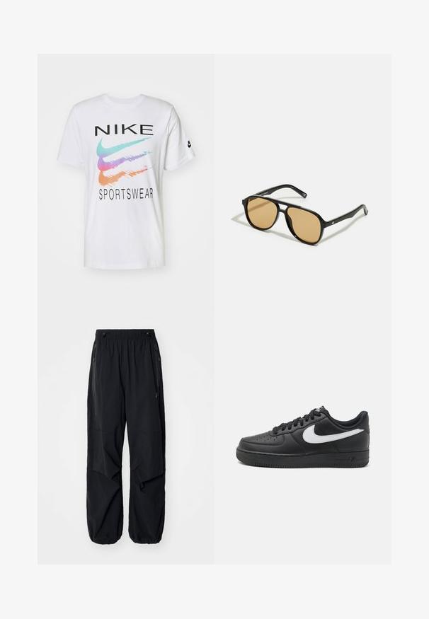 Λευκό βαμβακερό T-shirt με μαύρο λογότυπο "NIKE" και πολύχρωμες γραφικές ρίγες σε μπλε, ροζ και πορτοκαλί, με κείμενο "SPORTSWEAR" από κάτω.; Μαύρο ελαφρύ cargo παντελόνι με ελαστική μέση, πλαϊνούς φερμουάρ και ευρύχωρες τσέπες. Διαθέτει χαλαρή εφαρμογή και στενές μανσέτες.; Μαύρα παπούτσια Nike Air Force 1 με λείο δέρμα στο επάνω μέρος, λευκή λεπτομέρεια λογότυπου, τρυπητή μύτη και υφασμάτινη σόλα από καουτσούκ.; Μαύρα γυαλιά ηλίου με καφέ φακούς. Ορθογώνιο σχήμα με παχύ σκελετό, που περιλαμβάνει διακριτικές μεταλλικές λεπτομέρειες στους βραχίονες.