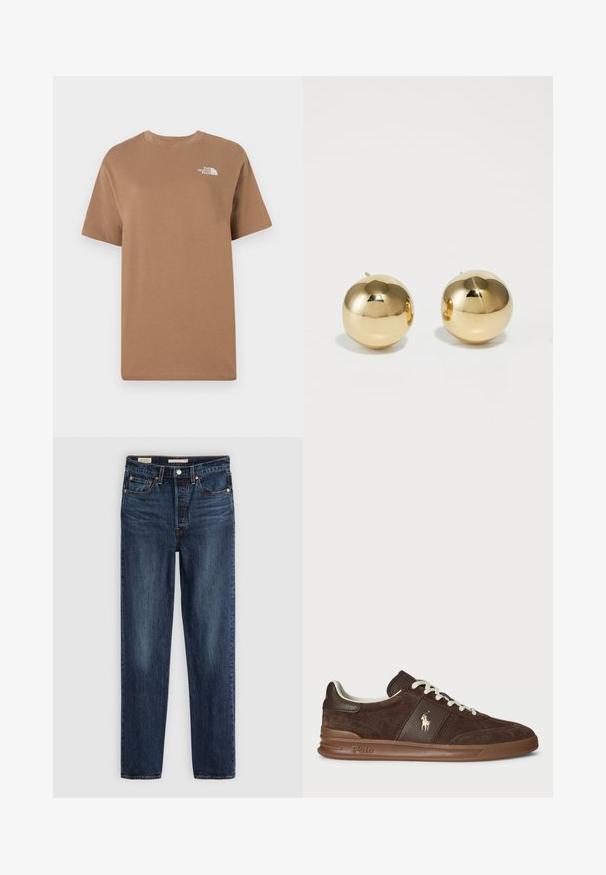 Braunes Baumwoll-T-Shirt mit kurzen Ärmeln und rundem Halsausschnitt. Hat ein kleines weißes Logo auf der oberen linken Brustseite.; Dunkelblaue gerade geschnittene Jeans mit fünf Taschen, Knopf- und Reißverschluss und kontrastierenden Nähten.; Braune Wildledersneaker mit strukturierten Einsätzen, weißen Schnürsenkeln und einem goldenen Logo. Verfügt über eine Gummisohle und einen gepolsterten Kragen für zusätzlichen Komfort.; Goldene, kugelförmige Steckohrringe mit polierter Oberfläche und kleinem Steg. Sie weisen eine glatte Textur und reflektierende Oberfläche auf.