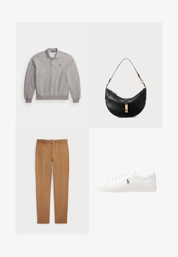 Šedý polo svetr vyrobený z bavlněné směsi, s dlouhými rukávy, límečkem, dvou knoflíky na zapínání a malým logem vyšitým na hrudi.; Hnědé bavlněné kalhoty s úzkým střihem, plochým předním dílem a standardními kapsami; hladký povrch a lemované manžety.; Bílé kožené tenisky, nízký střih, s hladkým povrchem, kulatou špičkou, šněrováním v přední části a malým vyšitým logem na boku.; Černá kožená kabelka ve tvaru půlměsíce. Obsahuje zlaté kovové detaily a úzký popruh. Hladký povrch, zapínání na zip na vrchu.