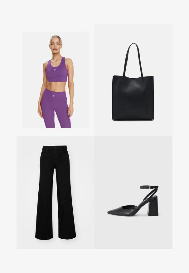 Vijolična športna modrčka in hlače z višjim pasom, izdelane iz raztegljive tkanine, z majhnim logotipom na prsih in brezšivno zasnovo za udobje.; Črne široke denim hlače s strukturiranim pasom, z zankami za pas in sprednjimi žepi. Gladka tekstura s klasičnim dizajnom.; Črne usnjene klasične čevlje z ostrim nosom, z zaponko za gleženj in debelim peto. Ravna tekstura, eleganten dizajn in minimalistična estetika.; Črna usnjena torba s svilnato teksturo, pravokotne oblike in dvema dolgima ročajema. Brez vidnih metalnih delov ali okrasnih elementov.