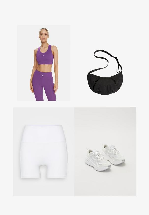 Fialová športová podprsenka a vysoké legíny vyrobené z elastického materiálu, s malým logom na hrudi a bezšvovým dizajnom pre pohodlie.; Biele vysoké šortky vyrobené z elastického materiálu. Majú hladkú textúru a prispôsobený strih, bez ďalších vzorov alebo kovania.; Biele športové topánky s textúrovaným sieťovým zvrškom, polstrovanou podrážkou a jemnými šedými akcentmi. Obsahujú branding a slučkovú pätku pre jednoduché obúvanie.; Čierna textilná kabelka so zakriveným, mäkkým tvarom, obsahujúca zhrnutý dizajn a nastaviteľný popruh. Minimalistický štýl bez viditeľného kovania.