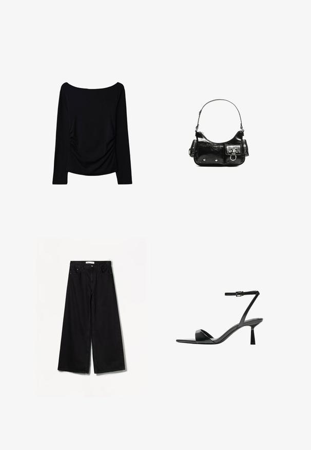 Črna dolga majica z dolgimi rokavi in off-the-shoulder izrezom, z stranskimi naborki za dodatek teksture in gladkim, elastičnim materialom.; Bershka WIDE-LEG - Široke hlačnice - black; Bershka Sandali z visoko peto - black; Črna lakasta usnjena torbica s ukrivljeno obliko, enim ramenskim trakom, sprednjimi žepi in srebrnimi kovinskimi dodatki.