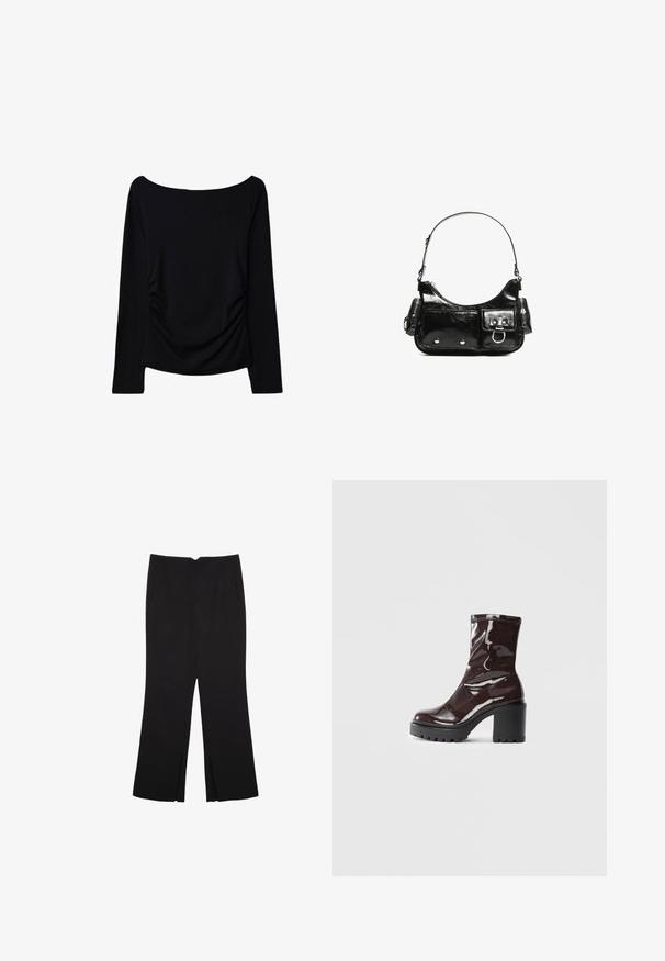 Sort langærmet top med off-the-shoulder halsudskæring, med sideløft for ekstra tekstur og et glat, strækbart materiale.; Sorte bukser med lige pasform, der har frontlommer og slidser i kanten. Lavet af blødt, glat stof. Velegnet til forskellige anledninger.; Glatte burgunder ankelstøvler med en chunky sort hæl, der har en glat tekstur og et simpelt design. Ingen synlige lukninger eller mønstre.; Sort patenteret læder håndtaske med en buet form, en skulderrem, frontlommer og hardware accenter i sølvfarve.
