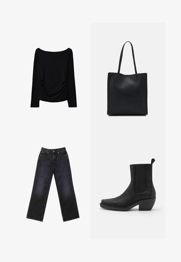 Schwarzes Langarmoberteil mit schulterfreiem Ausschnitt, seitlicher Raffung für zusätzliche Textur und einem glatten, elastischen Stoff.; Hoch taillierte schwarze Jeans aus Denim mit weitem Bein, Fünf-Taschen-Design und sichtbaren Nähten. Der Stoff hat eine glatte, leicht strukturierte Oberfläche.; Schwarze Lederknöchelstiefel mit elastischen Seitenteilen, spitz zulaufender Zehenform und klobigem Absatz. Strukturiert mit glatter Oberfläche.; Schwarze Laptoptasche aus Leder mit glatter Textur, rechteckiger Form und zwei langen Griffen. Keine sichtbaren Beschläge oder Verzierungen.