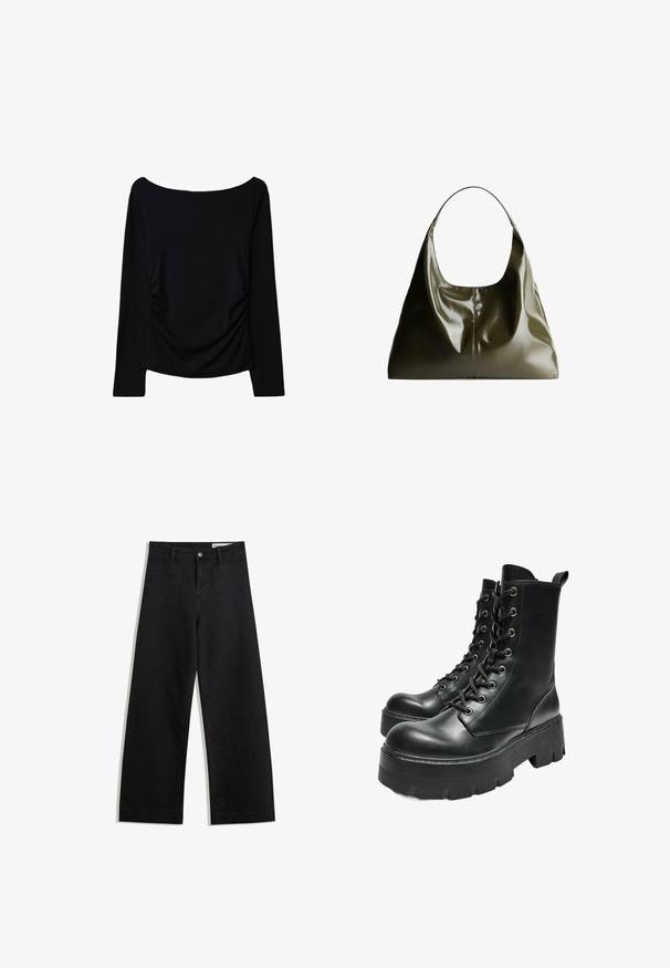 Black long-sleeve top with an off-the-shoulder neckline, featuring side ruching for added texture and a smooth, stretchy fabric.; Black wide-leg denim pants with a high waist, featuring front and back pockets, stitched seams, and a button closure. Smooth texture.; Bershka TRACK - Platform ankle boots - black; Olive green, leather shoulder bag with a smooth, glossy finish. Features a rounded top and soft, draped shape. Minimalist design.