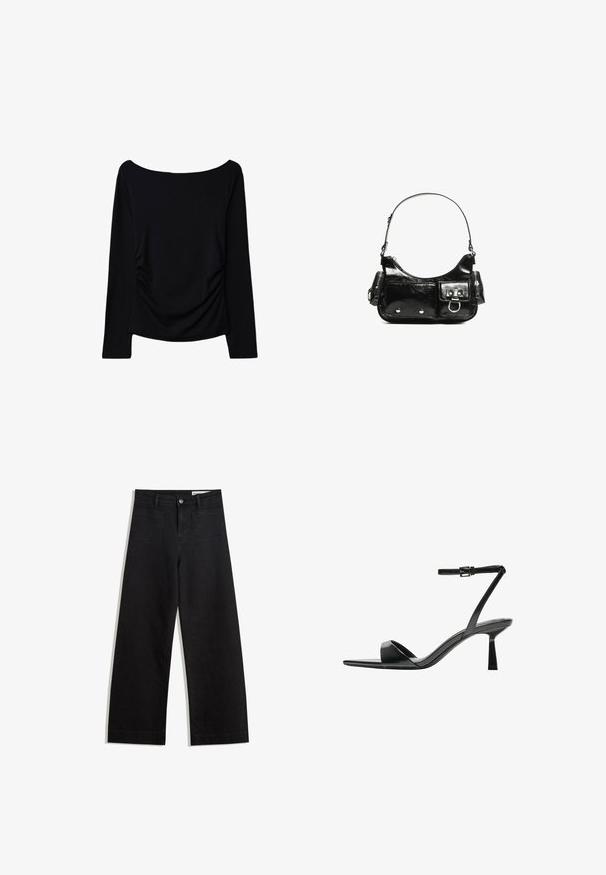 Sort langærmet top med off-the-shoulder halsudskæring, med sideløft for ekstra tekstur og et glat, strækbart materiale.; Sorte wide-leg denim bukser med høj talje, der har front- og baglommer, syede sømme og en knaplukning. Glat tekstur.; Bershka Højhælede sandaletter / Højhælede sandaler - black; Sort patenteret læder håndtaske med en buet form, en skulderrem, frontlommer og hardware accenter i sølvfarve.