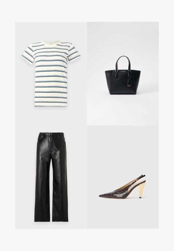 Striped t-shirt featuring alternating blue and dark blue lines on a cream background, with a crew neckline and short sleeves. Soft fabric.; Black leather wide-leg pants with a glossy finish, featuring front pockets, a zip fly, and a button closure. Smooth texture throughout.; Pointed-toe slingback heel in dark brown glossy faux crocodile leather. Features a gold-tone geometric heel and adjustable ankle strap.; Black leather handbag with a structured shape, short dual handles, gold-tone hardware, and a side tag accessory. Smooth, textured finish.