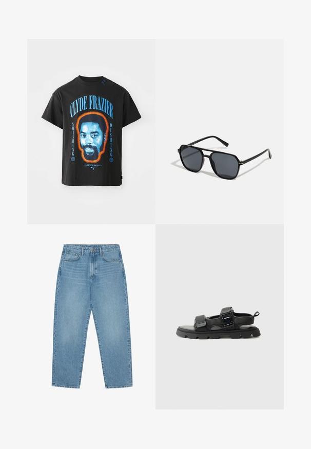 Camiseta de algodón negra con un gráfico del rostro de Clyde Frazier, contorneado en naranja, con texto azul que dice "SWISHING" y "DISHING".; Jeans de denim azul claro de pierna ancha con cintura alta, que cuentan con cinco bolsillos, trabillas para cinturón y una textura suave y ligeramente deslavada.; Sandalias negras con un upper de tela texturizada, tiras anchas, acentos de hebilla metálica y una suela de goma gruesa con un patrón de tacos.; Gafas de sol negras con montura octogonal, lentes oscuros, acabado brillante, varillas delgadas y acentos dorados en la parte frontal.