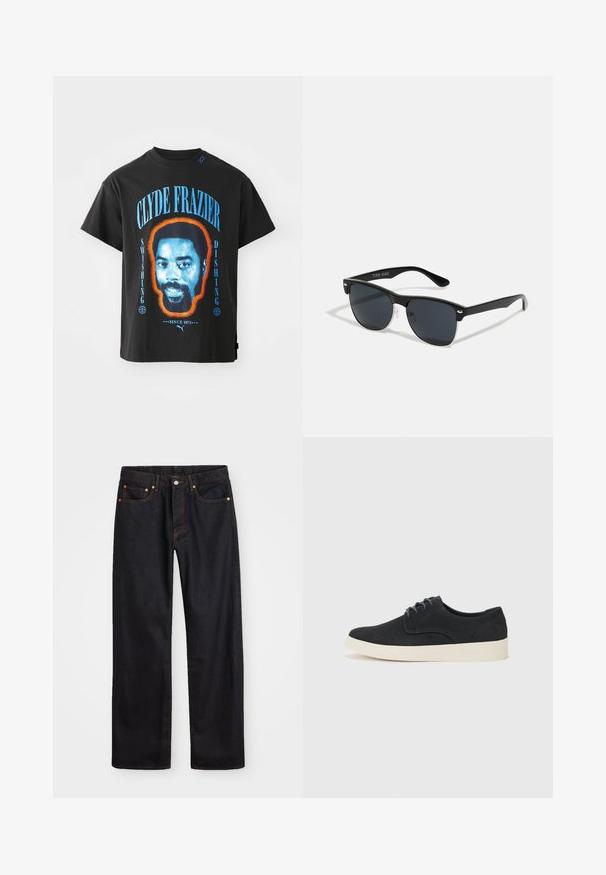 Svart bomull T-skjorte med et grafisk bilde av Clyde Frazier sitt ansikt, omrisset i oransje, med blå tekst som leser "SWISHING" og "DISHING."; Men's straight-leg svarte denim jeans med fem lommer og oransje søm, knapp og glidelås lukking foran på midjen.; Sorte svinedersko med snøring og rund tå, lett kremfarget såle og subtile blå broderi detaljer på overdelen.; Sorte solbriller med rektangulær form, mørke linser, sølvfargede detaljer ved templene, og en matt finish på rammen.