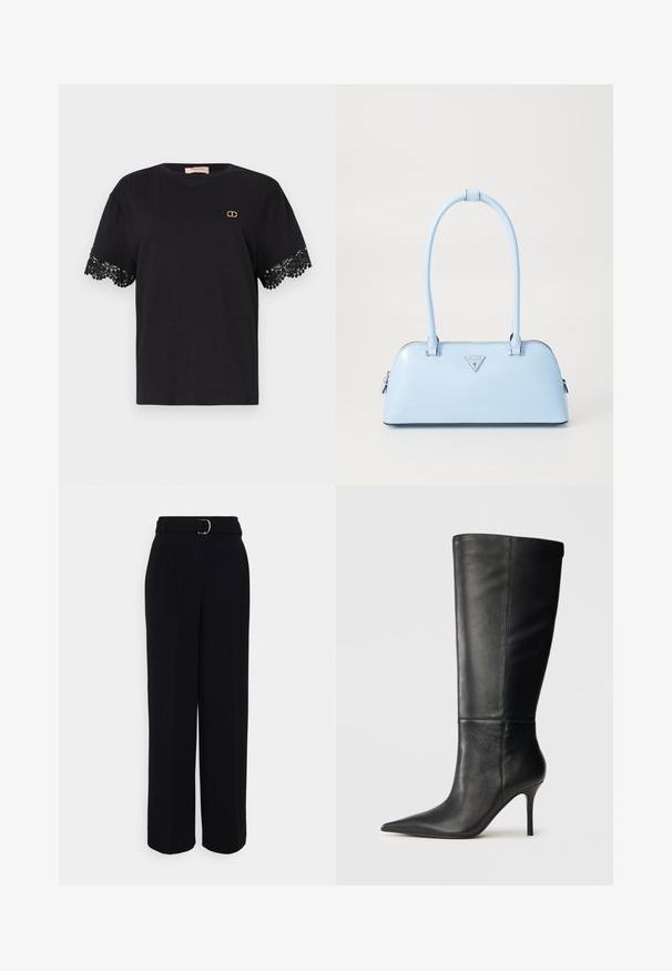 Melnā kokvilnas T-kreklā ar īsām piedurknēm ir sarežģīts mežģīņu apdare. Mazs zelta logo uz krūtīm. Mīksta, gluda tekstūra.; Melnas pielāgotas bikses ar plašu kāju siluetu, ar jostu ar sudraba sprādzi, krokām un gludu auduma faktūru.; Melna ādas zābaks līdz ceļgaliem ar smailu purngalu un smalku stiletto papēdi, gluda tekstūra, sānu profils neitrālā fonā.; Gaiši zila rokassoma ar strukturētu formu, gludu ādas materiālu, divām rokturiem un triķsveida zīmola logo priekšpusē. Ar rāvējslēdzēja aizdari.