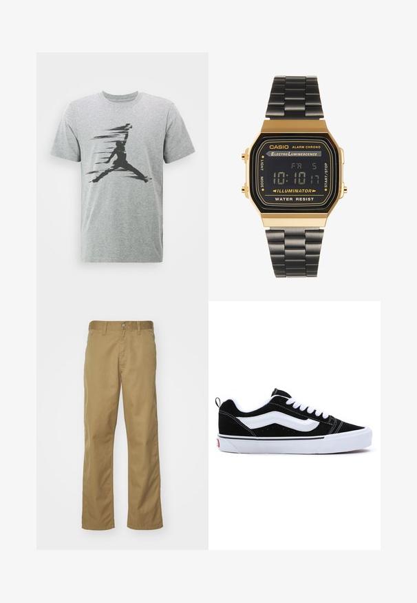 Jordan CREW - Printtipaita - carbon heather/black; Khaki chinot, joissa on suora lahje ja jotka on valmistettu sileästä puuvillakankaasta. Ominaisuuksiin kuuluu edessä nappisuljenta ja sivutaskut.; Mustat mokkasandaalit valkoisilla yksityiskohdilla, matala malli, nauhakiristys ja paksu valkoinen kumipohja. Brändilogo kantapäällä.; Digitalkäsi kell, millel on kuldtooni ristkülikukujuline korpus, must LCD-ekraan ja must metallist rihm. Omadusteks on kell, alarm ja veekindlus.
