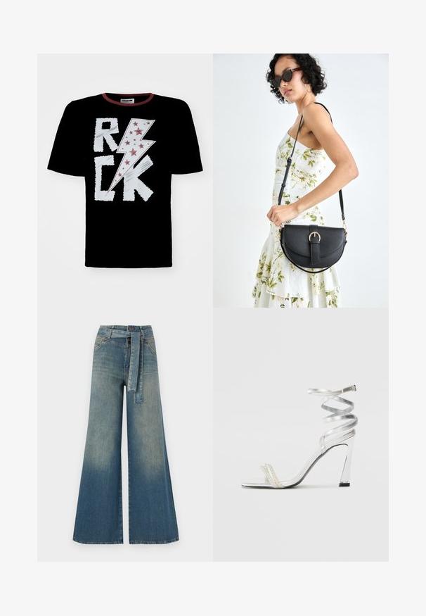 Juodas marškinėliai su baltos ir raudonos spalvos žaibo dizainu, puošti žodžiu "ROCK" ir raudonomis žvaigždėmis. Su apvalia iškirpte ir kontrastinga apdaila.; Platus džinsinis kelnes su šviesiai tamsiai mėlynu gradientu, aukštu juosmeniu, diržo kilpomis ir atitinkančiu audinio diržu. Textūruotas džinsinis paviršius.; Sidabrinė aukšto kulno sandalai su blizgiu diržo dizainu, featuring perlo panašus akcentas ir spiralinė kulkšnies dirželis saugiam prisitaikymui.; Juodas odinis krepšys su išlenkta forma, nuimamu dirželiu ir auksiniais detalėmis. Krepšys turi kilpą su sagtimi.