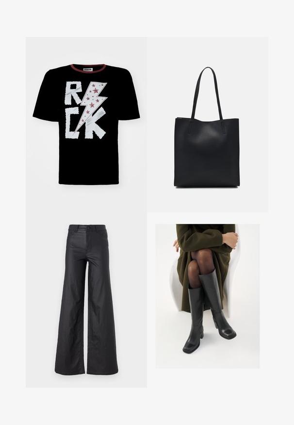 Črna majica s kratkimi rokavi, okrašena z belim in rdečim dizajnom strele ter napisom "ROCK" v rdeči barvi, obkrožena z rdečimi zvezdami. Krojač s kontrastnim robom.; Črne, širokoglede hlače iz umetnega usnja. Imajo visok pas, zanke za pas, dva sprednja žepa in šivano detajliranje.; Črne usnjene čevlje do kolen s kvadratnim prstom in blok peto, prikazani na modelu, ki sedi v olivno zeleni plašču. Gladka tekstura, minimalne podrobnosti.; Črna usnjena torba s svilnato teksturo, pravokotne oblike in dvema dolgima ročajema. Brez vidnih metalnih delov ali okrasnih elementov.