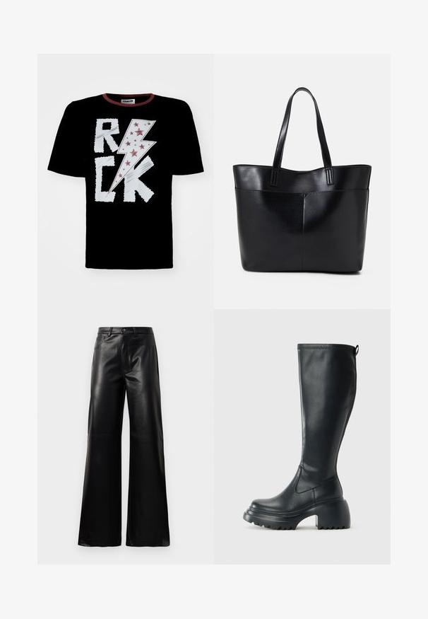 Black t-shirt featuring a white and red lightning bolt design with "ROCK" text, embellished with red stars. Crew neck with contrasting trim.; Black high-waist wide-leg faux leather pants with front button, zip closure, belt loops, and side pockets on white background.; Tall black leather boot with chunky platform sole and block heel, featuring pull tab and textured tread on outsole.; Black leather tote bag with two long handles, a smooth texture, and a structured shape. Features a front pocket for additional storage.