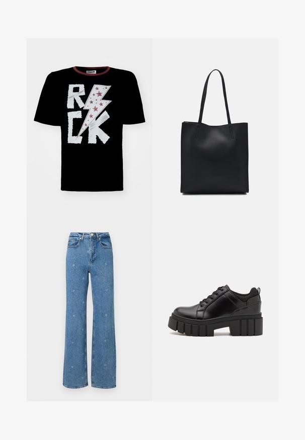 Svart t-skjorte med et design av en hvit og rød lynbolt og teksten "ROCK", dekorert med røde stjerner. Rund hals med kontrastdetaljer.; Blå høy midje rette jeans med små hvite blomsterbroderier spredt over stoffet.; Svarte lærplattformsko med kraftig blokkhell, rund tå og tradisjonell snøring. Har en jevn tekstur og minimal detaljering.; Svart lær tote bag med glatt tekstur, rektangulær form og to lange håndtak. Ingen synlige deler eller dekorasjoner.
