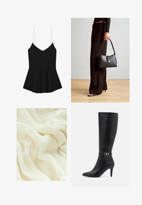 Mustaan peplum-top, jossa on ohuet valkoiset säädettävät hihnat, V-pääntie ja levenevä alaosa, valmistettu pehmeästä ja venyvästä kankaasta.; Näppärä valkoinen kangas, jossa on pehmeä ja läpikuultava rakenne. Materiaali on kevyen, virtaavan näköinen, ja siinä on hienovaraisia sävyvaihteluita.; Mustat polvipituiset nahkasaappaat, joissa on kärjelliset varvaskappaleet, korkea korko ja hopeinen solki nilkkahihnassa. Silkkinen pinta ja tyylikäs muotoilu.; Musta käsilaukku, jossa on rakenteellinen muoto, sileä pinta ja metallinen solki. Yhdistetty leveisiin mustiin housuihin ja avonaiheisiin sandaaleihin puulattialla.