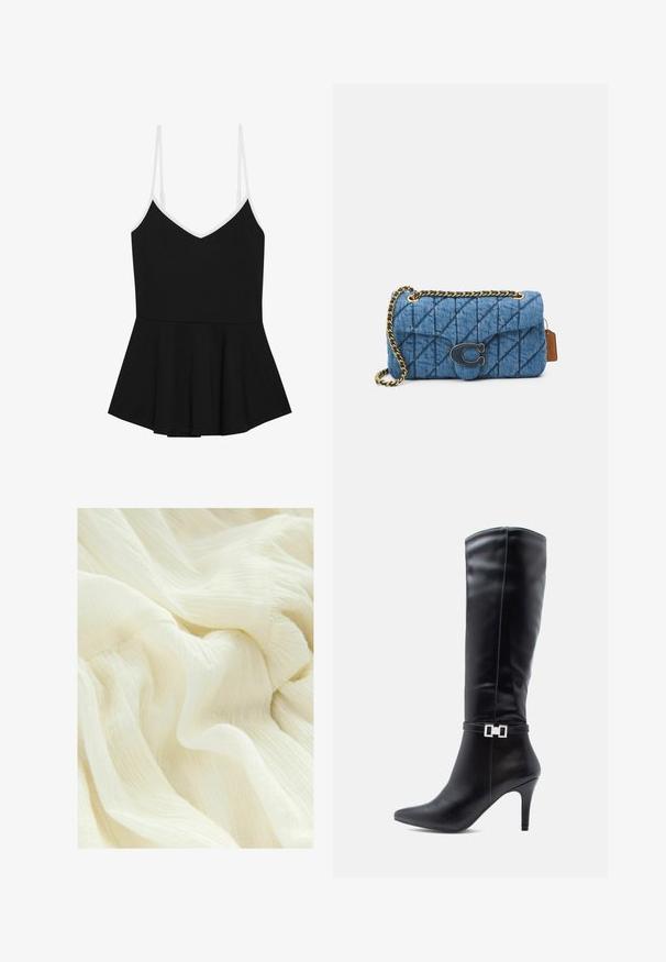 Schwarzes Peplum-Top mit dünnen, verstellbaren weißen Trägern, V-Ausschnitt und schwingendem unteren Bereich, aus weichem, dehnbaren Stoff.; Faltenfreier weißer Stoff mit einer weichen, durchscheinenden Textur. Das Material hat ein leichtes, fließendes Erscheinungsbild mit subtilen Tonvariationen.; Schwarze kniehohe Lederstiefel mit spitzer Zehenpartie, hohem Stiletto-Absatz und einer dekorativen silbernen Schnalle um den Knöchel.; Blaue gesteppte Denim-Schultertasche mit einem goldenen Kettenriemen und einem auffälligen goldenen Logoakzent auf der Vorderseite. Kompakte rechteckige Form.