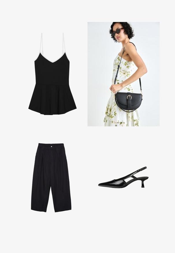 Black peplum top with thin white adjustable straps, v-neckline, and a flared lower section, made from soft, stretchy fabric.; Black polyester culotte pants with an elastic waistband, two front pleats, and a loose silhouette. No visible patterns or hardware details.; Black patent leather slingback heels with a pointed toe, cut-out side design, and a small square heel. Smooth texture with minimal accents.; Black leather handbag with a curved shape, detachable strap, and gold hardware. The bag features a flap with a buckle detail.