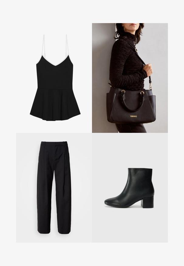 Schwarzes Peplum-Top mit dünnen, verstellbaren weißen Trägern, V-Ausschnitt und schwingendem unteren Bereich, aus weichem, dehnbaren Stoff.; Schwarze Hosen mit lockerer Passform, gefaltetem Bund und Gürtelschlaufen. Glattes Material und gerade Beine mit seitlichen Taschen.; Schwarze Leder-Ankle-Boots mit spitzem Zehenbereich und klobigem Absatz. Glatte Textur mit minimalen Akzenten und einem eleganten, taillierten Design.; Schwarze Handtasche mit strukturierten Oberflächen, doppelten Obergriffen und verstellbarem Schultergurt. Mit goldfarbener Hardware und Seitentaschen.