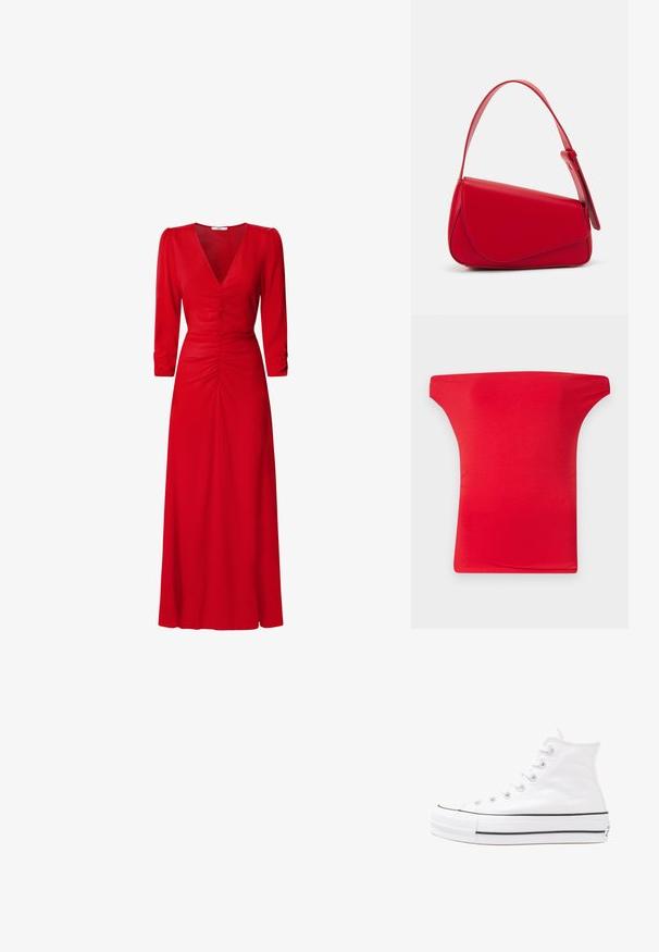Rød off-the-shoulder top lavet af letvægts, glat stof. Har en bred halsudskæring og tætsiddende form, velegnet til afslappet brug.; Rød kjole med V-udskæring, trekvartlange ærmer og draperet detaljering i livet og på ryggen. Stoffet ser glat og let ud.; Hvide høje kanvas sneakers med sort gummisål, gummitåhætte foran og seks øjehuller til snørebånd, der har et rent, minimalistisk design.; Rød læderhåndtaske med et kantet, geometrisk design. Har en enkelt justerbar rem og en klaplukning med syede detaljer.
