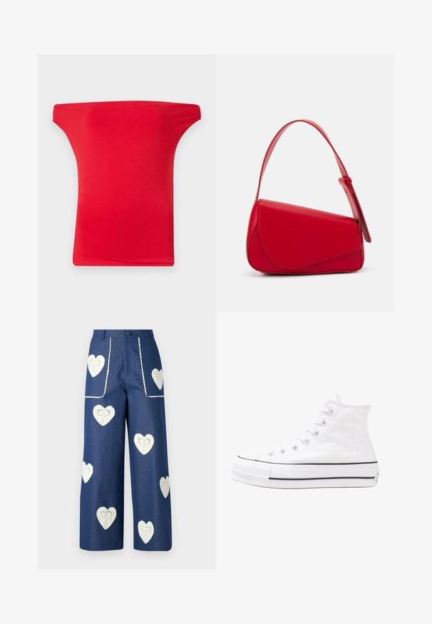 Punane õlavarre pealne topp, mis on valmistatud kergest ja siledast kangast. Omab laia kaelust ja sobivat lõiget, ideaalne igapäevaseks kandmiseks.; Lille kreemipehme lilleline pluus, millel on pikad puhvli varrukad, millel on lillad, oranžid ja rohelised lillemustrid ning klassikaline kaelus.; Sister Jane HEART TO HEART - Sirgete säärtega teksad - blue denim; Valge kõrgem kangast tenniseking, millel on must kummist tald, ees kummist varvasetugi ja kuus aukku paelte jaoks, pakkudes puhta ja minimalistliku disaini.; Punane nahast käekott, millel on nurkadega geomeetriline disain. Omab ühte reguleeritavat rihma ja klappidega sulgemist, millel on õmblustega kaunistused.