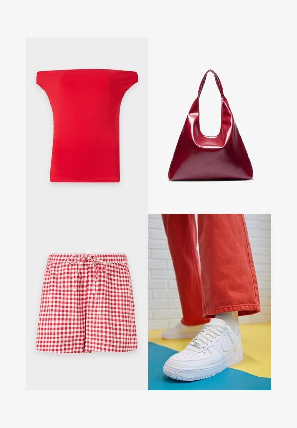 Röd off-shoulder topp gjord av lätt, slitstarkt tyg. Har en bred halsringning och en figurnära passform, lämplig för avslappnad användning.; Röda och vita rutiga shorts med elastisk midja och dragsko. Har en avslappnad passform och fållade kanter. Tyget verkar vara lätt.; Vita lädersneakers med perforerat tåparti, texturerad sula och vita snören, kombinerat med vida röda byxor och en blå och gul bakgrund.; Röd glansig läderhandväska med triangulär form, bred öppning upptill och ett enda krökt handtag. Slät textur med minimala sömnadsdetaljer.