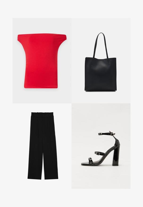 Rode off-the-shoulder top gemaakt van lichte, gladde stof. Kenmerkt zich door een brede halslijn en een aansluitende pasvorm, geschikt voor casual kleding.; Zwarte wijde broek met een gerimpelde tailleband, voorzien van twee zijzakken en een soepele, lichte stof. Geen zichtbare patronen of hardware.; Zwarte gepatenteerde sandalen met hak en een vierkante neus, enkelbandjes en zilveren gespen. Heeft een stevige blokhak voor stabiliteit.; Zwarte leren handtas met een gladde textuur, rechthoekige vorm en twee lange handvaten. Geen zichtbare hardware of versieringen.