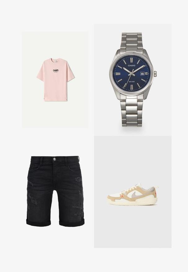 Světle růžové tričko s kulatým výstřihem a krátkými rukávy. Na přední straně je černý text loga. Má uvolněný střih a měkkou bavlněnou texturu.; Čierne deninové šortky s rôznymi ohnutými manžetami, na prednej strane s opotrebovanými detailmi. Klasický dizajn s piatimi vreckami a kovovým zapínaním.; Biele a béžové tenisky s sieťovinovými a semišovými panelmi, sivými akcentmi, červeným logom a oranžovým ťahacím pútkom. Zaoblený špičkový dizajn a tlmená podrážka.; Strieborné nerezové hodinky s modrým ciferníkom, kovovými hodinovými značkami a dátumovým oknom na 3. hodine. Vodotesné do hĺbky 50 metrov.