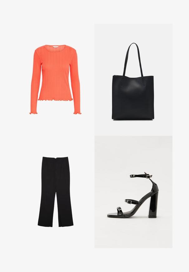 Koralfarvet langærmet top med ribbet tekstur. Har rund halsudskæring og flæser ved ærmernes afslutninger og kanten. Letvægtsstof.; Sorte bukser med lige pasform, der har frontlommer og slidser i kanten. Lavet af blødt, glat stof. Velegnet til forskellige anledninger.; Sorte patenterede hælsandaler med firkantet tå, ankelremme og sølvspænder. Har en chunky blokHæl for stabilitet.; Sort læder tote taske med glat tekstur, rektangulær form og to lange hanke. Ingen synlig hardware eller udsmykninger.