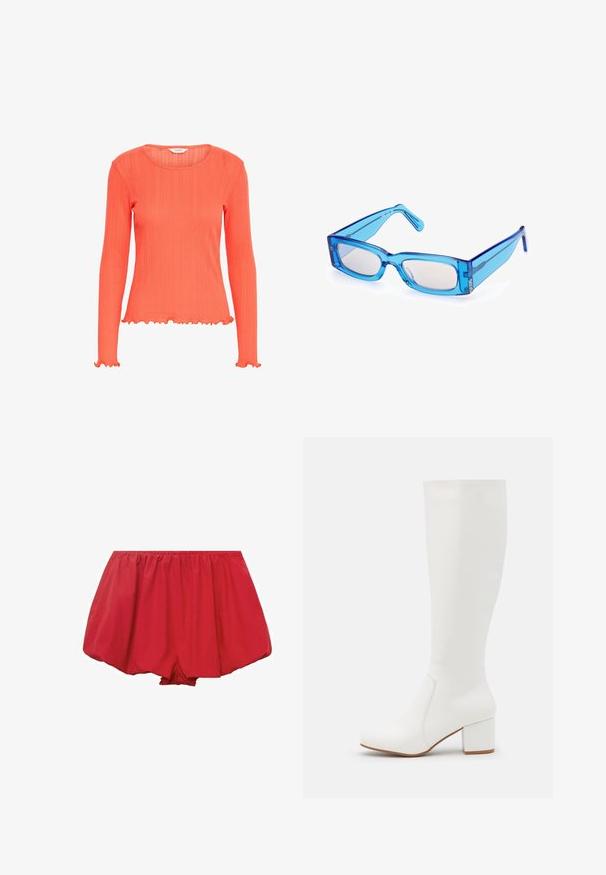 Coral long-sleeve top with ribbed texture. Features a round neckline and ruffled edges at the cuffs and hem. Lightweight fabric.; Red, lightweight shorts with an elastic waistband. Featuring a loose, flared design and gathered fabric for a relaxed fit.; White knee-high boots with a smooth, shiny finish. Square block heel and subtle stitching detail along the side.; Blue transparent rectangular sunglasses with a thick frame, slightly curved arms, and light-colored lenses. Features subtle brand detailing.