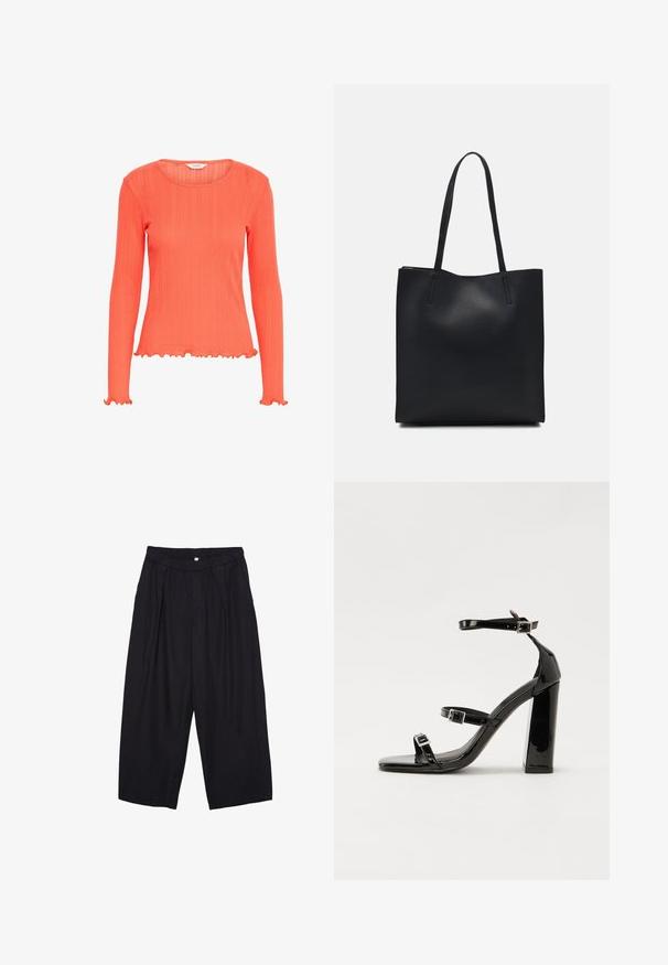 Koralen top z dolgimi rokavi z ribasto teksturo. Ima okroglo ovratnico in naborke na manšettah in robu. Lahka tkanina.; Črne poliesterske culotte hlače z elastičnim pasom, dvema sprednjima nabiranjema in ohlapnim krojem. Brez vidnih vzorcev ali kovinskih detajlov.; Črne lakirane sandale s peto, kvadratnim prstom, trakovi okrog gležnja in srebrnimi zaponkami. Opremljene so s stabilno Debelo peto.; Črna usnjena torba s svilnato teksturo, pravokotne oblike in dvema dolgima ročajema. Brez vidnih metalnih delov ali okrasnih elementov.