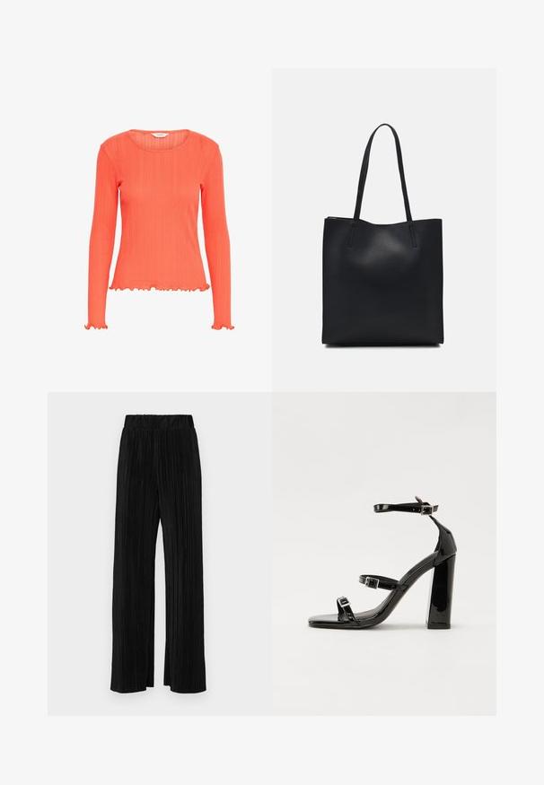 Koralowa bluzka z długim rękawem o prążkowanej strukturze. Posiada okrągły dekolt oraz falbany na mankietach i dolnym brzegu. Lekki materiał.; Czarne spodnie plisowane z elastycznym paskiem w talii. Posiadają szerokie nogawki oraz gładki, teksturowany materiał z pionowymi paskami.; Czarne lakierowane sandały na obcasie z kwadratowym noskiem, z paskami wokół kostki i srebrnymi klamrami. Posiadają masywny słupek dla stabilności.; Czarna skórzana torba tote o gładkiej fakturze, prostokątnym kształcie i dwóch długich uchwytach. Brak widocznych elementów metalowych i ozdób.
